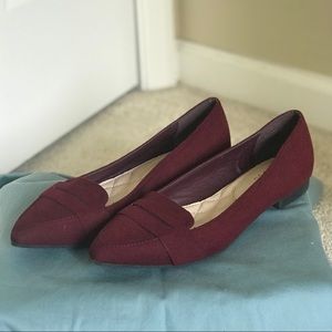 Sophisticated burgundy suede penny loafer pointed toe flats
